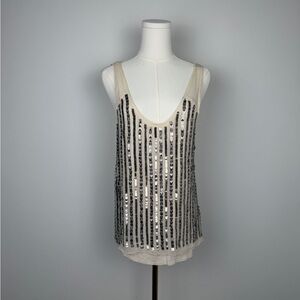 Babakul XS Embellished Sequin Tank Top Cream Beaded Sheer Overlay Tunic